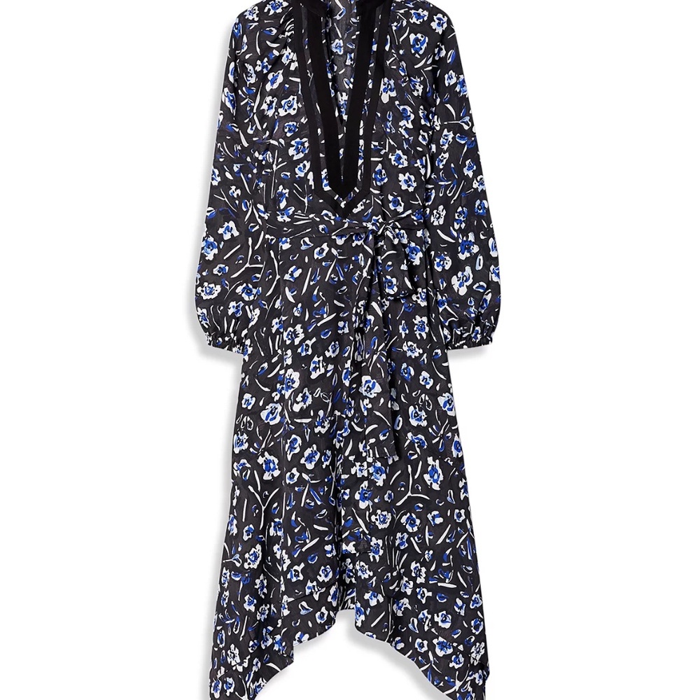 TORY BURCH Blue Puff Sleeve Dress Size XL Belted Midi Floral Asymmetrical